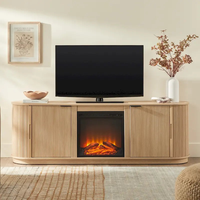Meuble TV cheminée de style moderne de 70 pouces avec finition à rainures verticales
