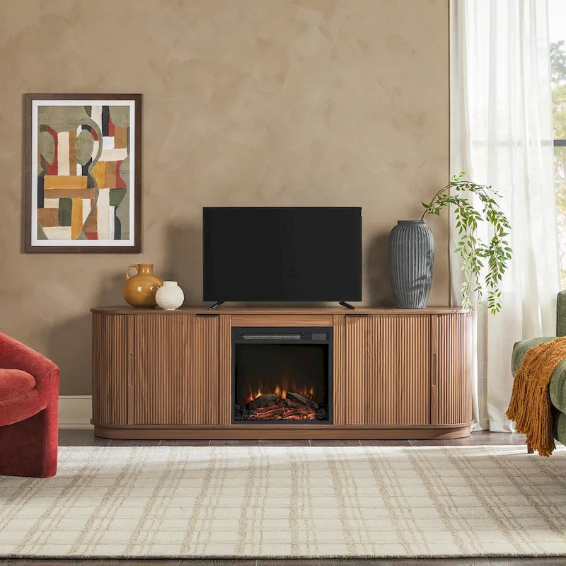 Meuble TV cheminée de style moderne de 70 pouces avec finition à rainures verticales