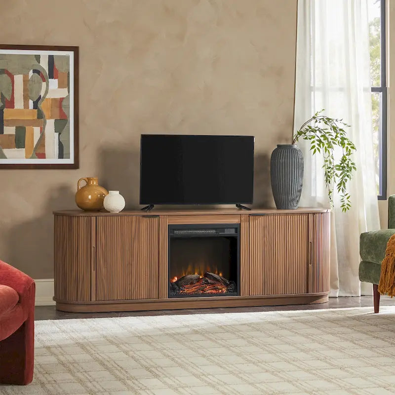 Meuble TV cheminée de style moderne de 70 pouces avec finition à rainures verticales