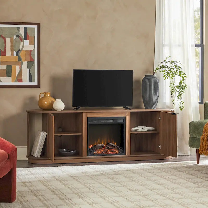 Meuble TV cheminée de style moderne de 70 pouces avec finition à rainures verticales