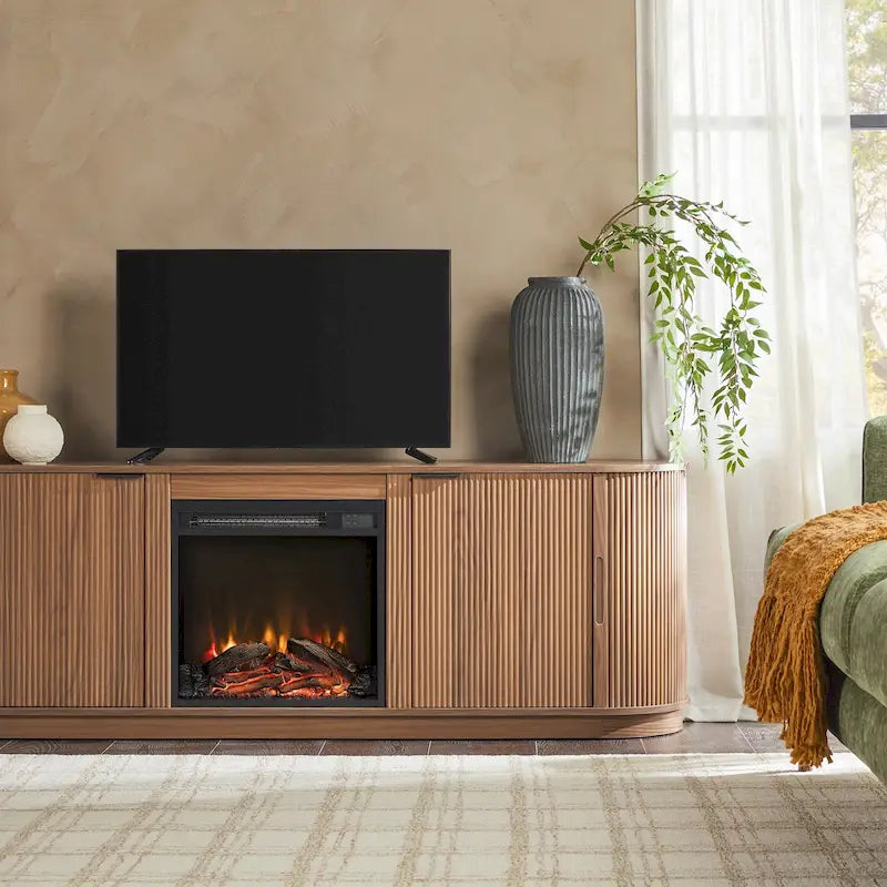 Meuble TV cheminée de style moderne de 70 pouces avec finition à rainures verticales