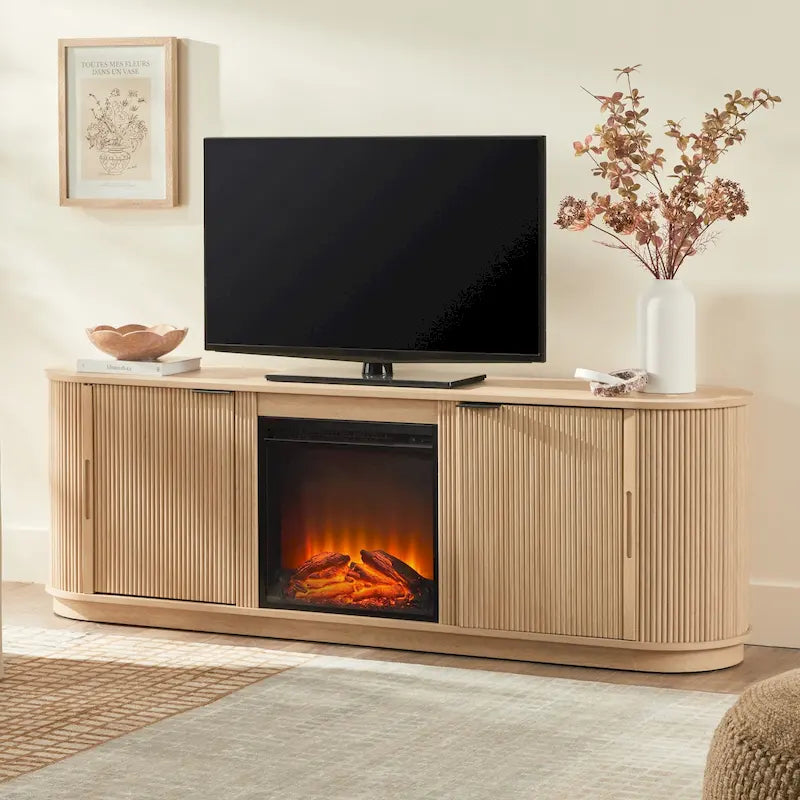 Meuble TV cheminée de style moderne de 70 pouces avec finition à rainures verticales
