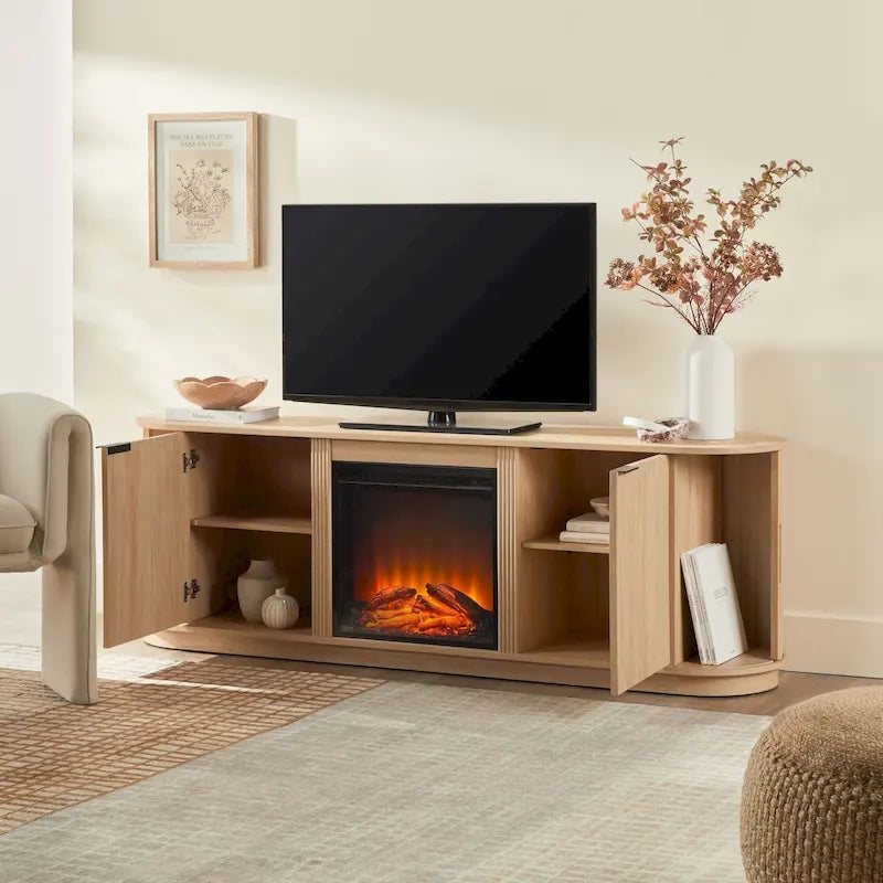 Meuble TV cheminée de style moderne de 70 pouces avec finition à rainures verticales