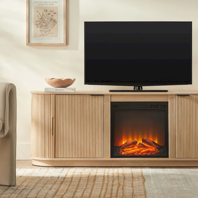 Meuble TV cheminée de style moderne de 70 pouces avec finition à rainures verticales