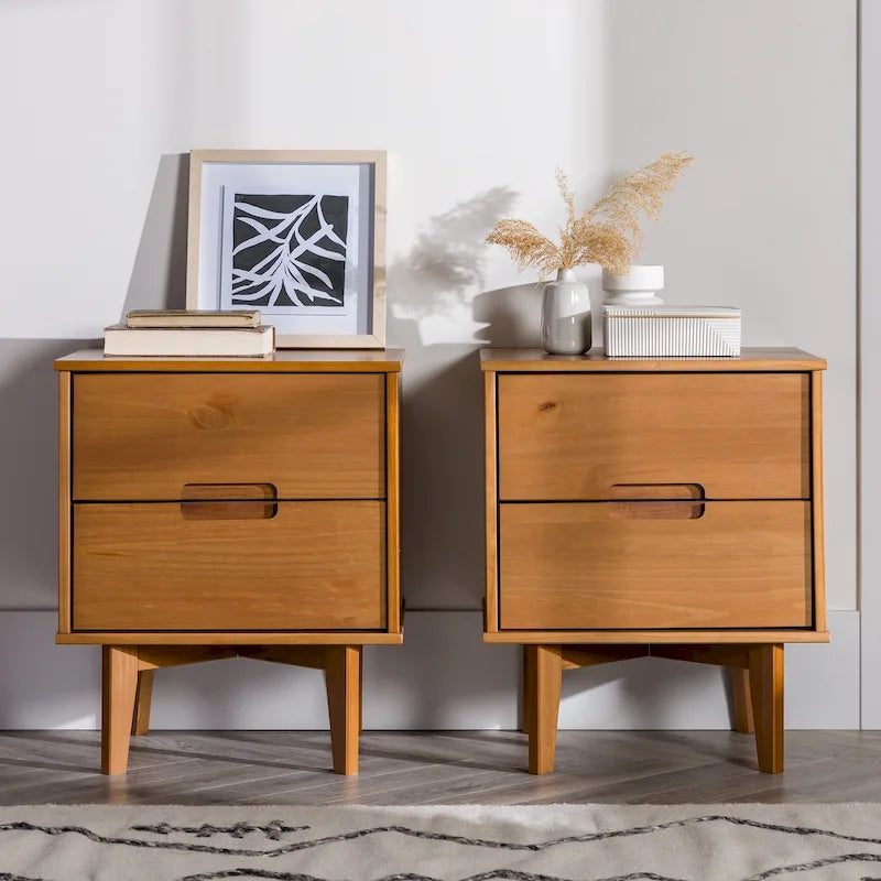 Tables de chevet Mid-Century Modern en bois massif à 2 tiroirs (Lot de 2)