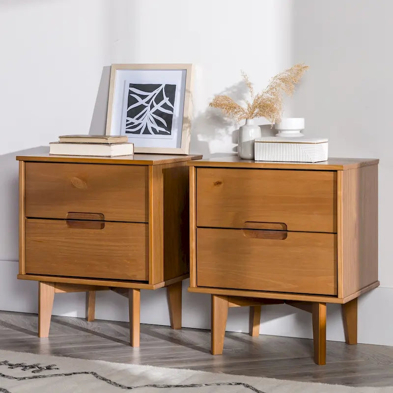 Tables de chevet Mid-Century Modern en bois massif à 2 tiroirs (Lot de 2)