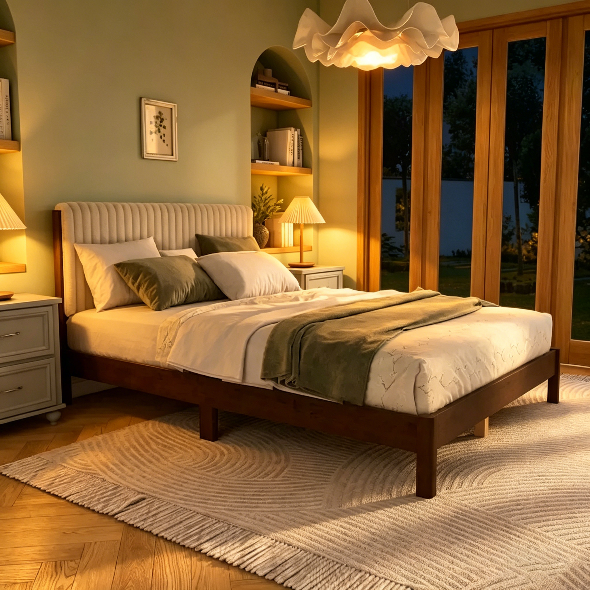 Lit plateforme double matelassé capitonné rayé de style moderne avec base à lattes en bois massif