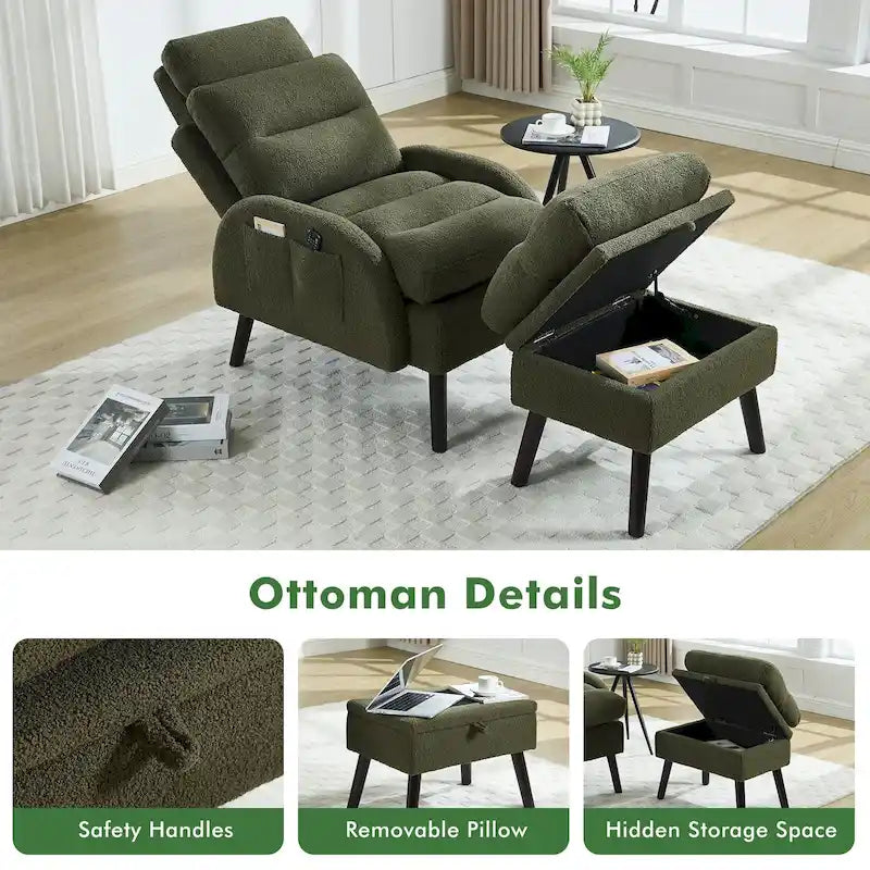 Fauteuil d'appoint avec dossier réglable et pouf de rangement