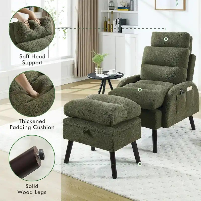 Fauteuil d'appoint avec dossier réglable et pouf de rangement