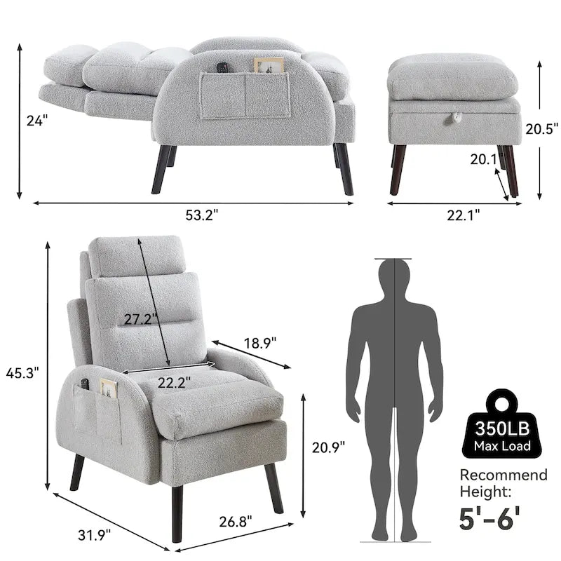Fauteuil d'appoint avec dossier réglable et pouf de rangement