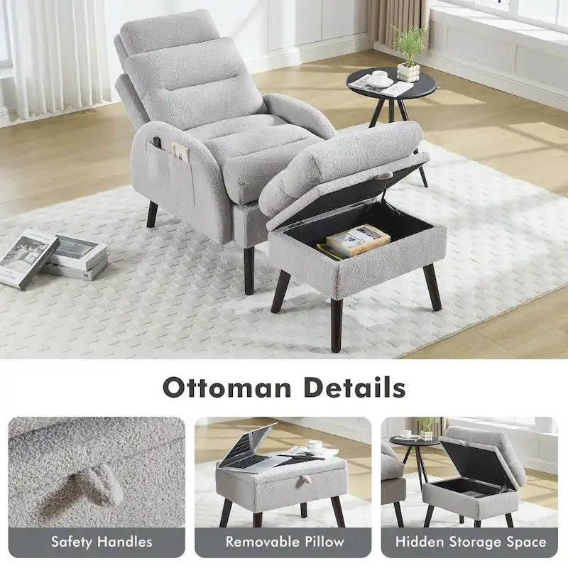 Fauteuil d'appoint avec dossier réglable et pouf de rangement