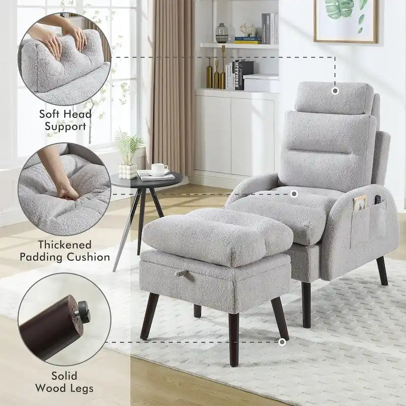 Fauteuil d'appoint avec dossier réglable et pouf de rangement