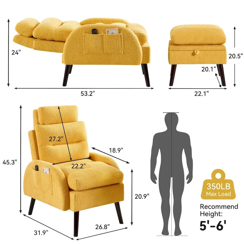 Fauteuil d'appoint avec dossier réglable et pouf de rangement