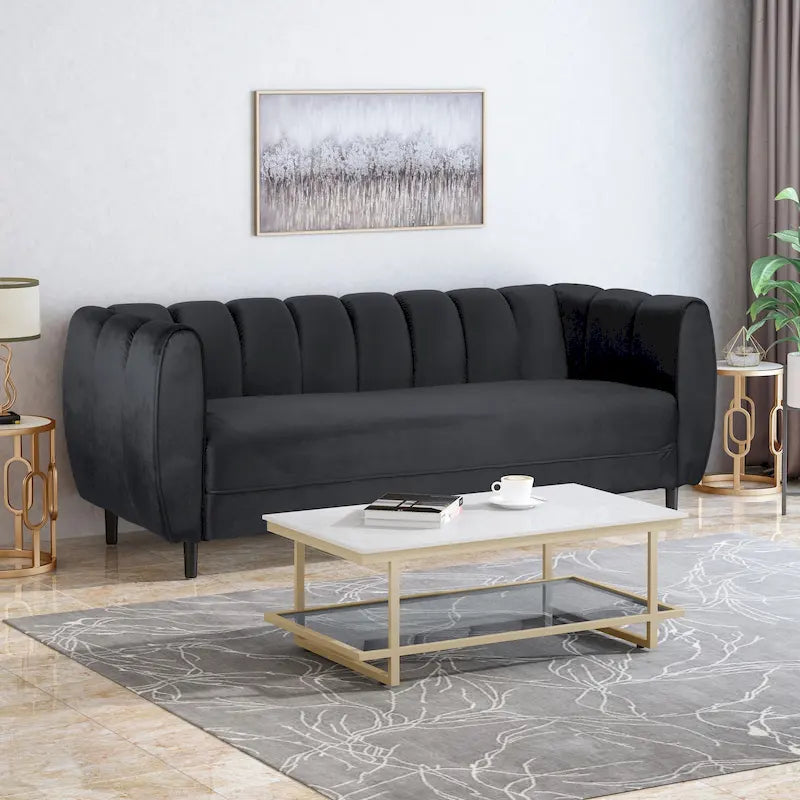 Canapé trois places en velours moderne — 30.00 (P) x 83.25 (L) x 30.25 (H)
