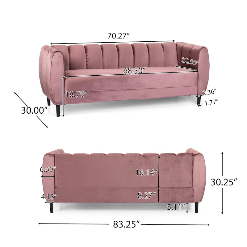 Canapé trois places en velours moderne — 30.00 (P) x 83.25 (L) x 30.25 (H)