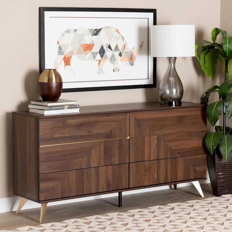 Commode Graceland en bois de noyer de style transitionnel et moderne du milieu du siècle, avec 6 tiroirs