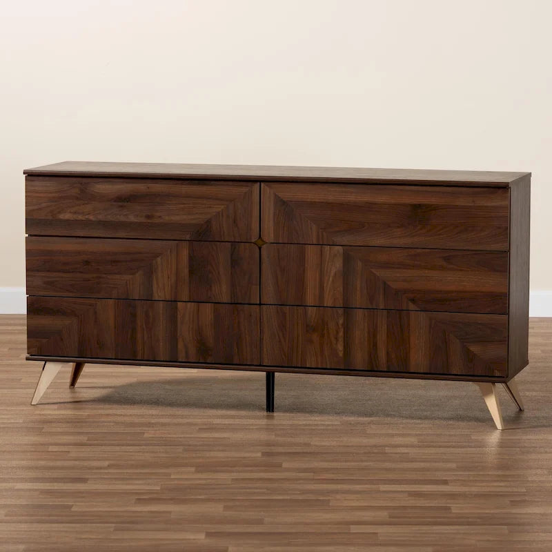 Commode Graceland en bois de noyer de style transitionnel et moderne du milieu du siècle, avec 6 tiroirs