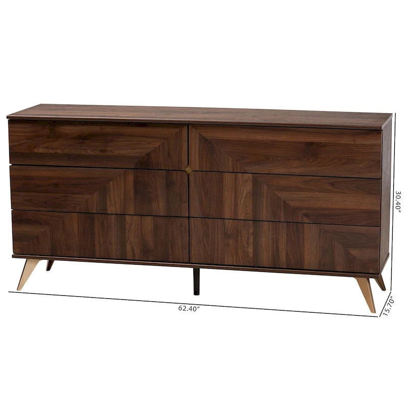 Commode Graceland en bois de noyer de style transitionnel et moderne du milieu du siècle, avec 6 tiroirs