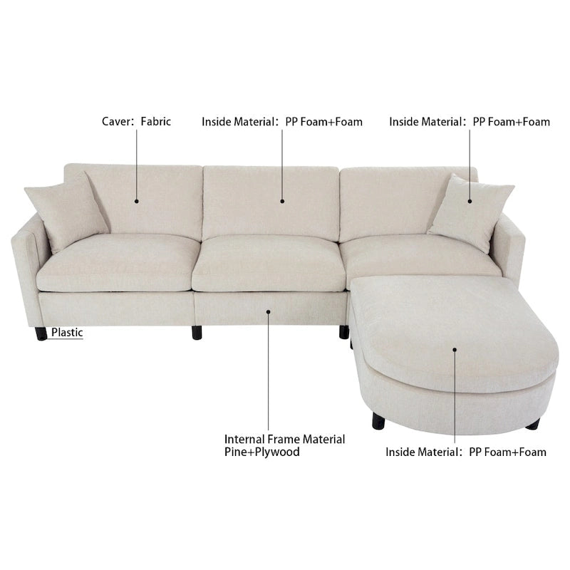 Canapé 3 places en mousse — Comprend des coussins décoratifs et un pouf, convient au salon
