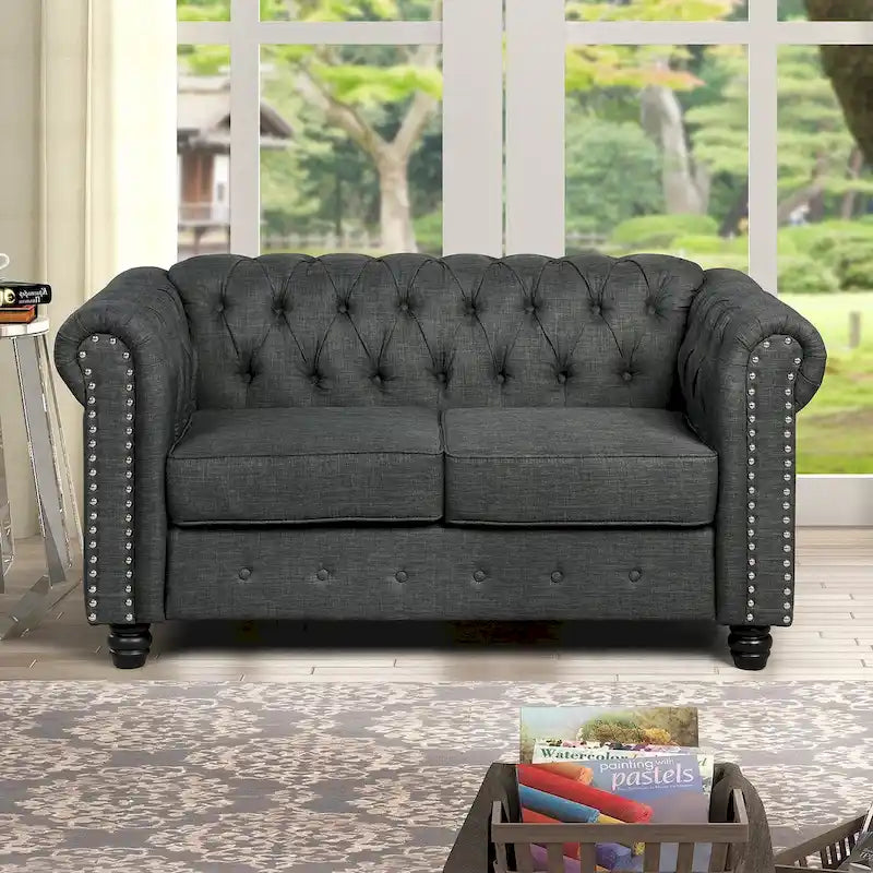 Causeuse Chesterfield en lin — Avec capitonnage, clous décoratifs et pieds en bois massif ; Convient pour le salon