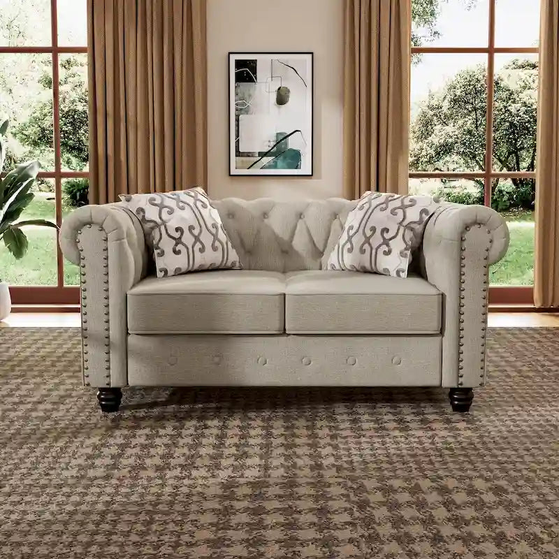Causeuse Chesterfield en lin — Avec capitonnage, clous décoratifs et pieds en bois massif ; Convient pour le salon