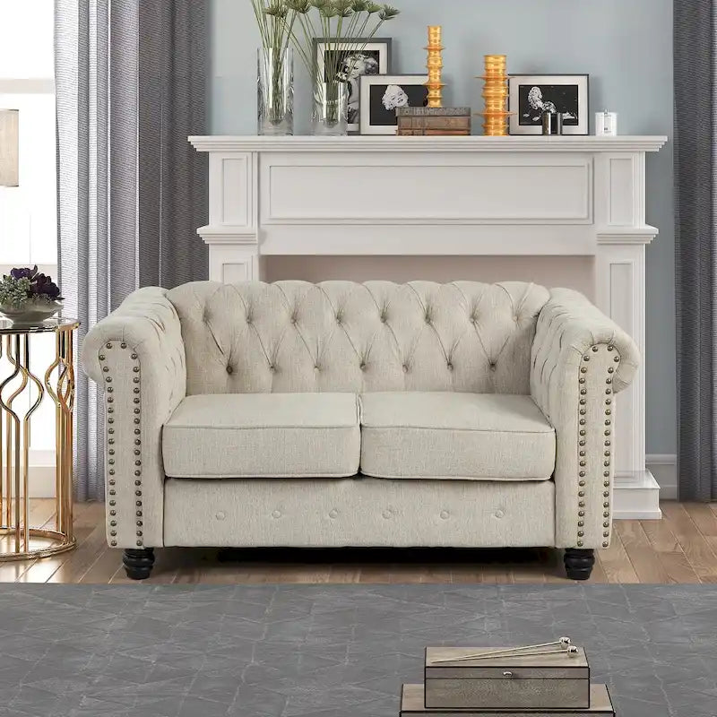 Causeuse Chesterfield en lin — Avec capitonnage, clous décoratifs et pieds en bois massif ; Convient pour le salon