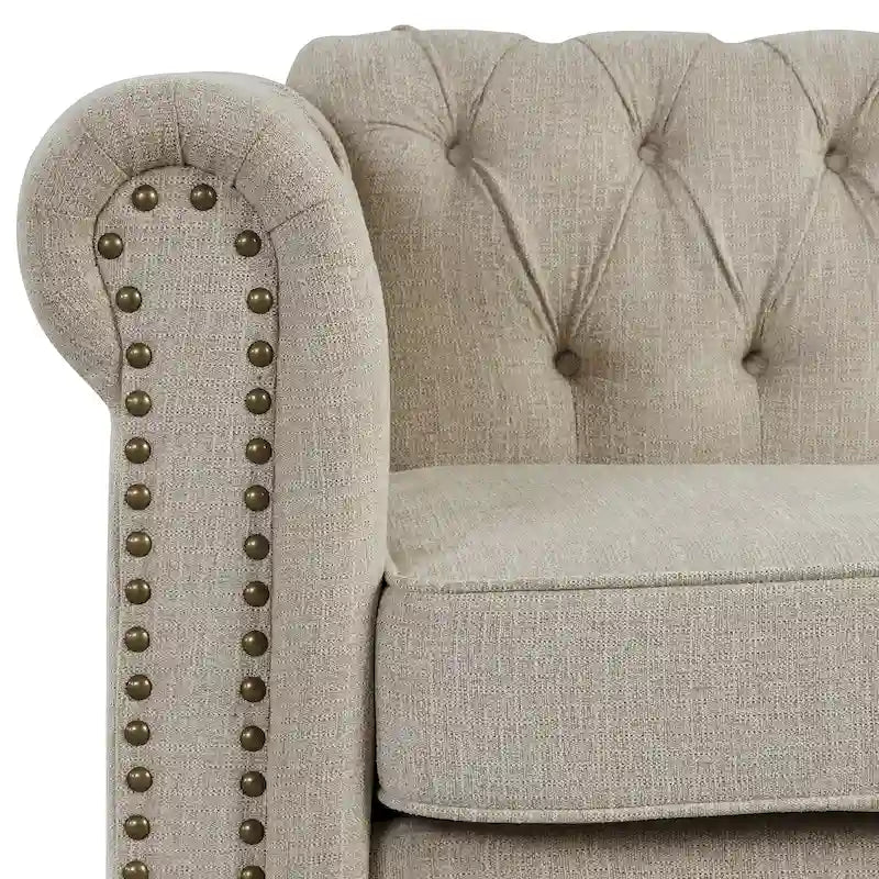 Causeuse Chesterfield en lin — Avec capitonnage, clous décoratifs et pieds en bois massif ; Convient pour le salon