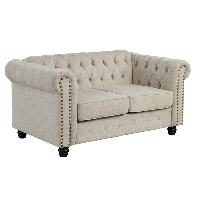 Causeuse Chesterfield en lin — Avec capitonnage, clous décoratifs et pieds en bois massif ; Convient pour le salon