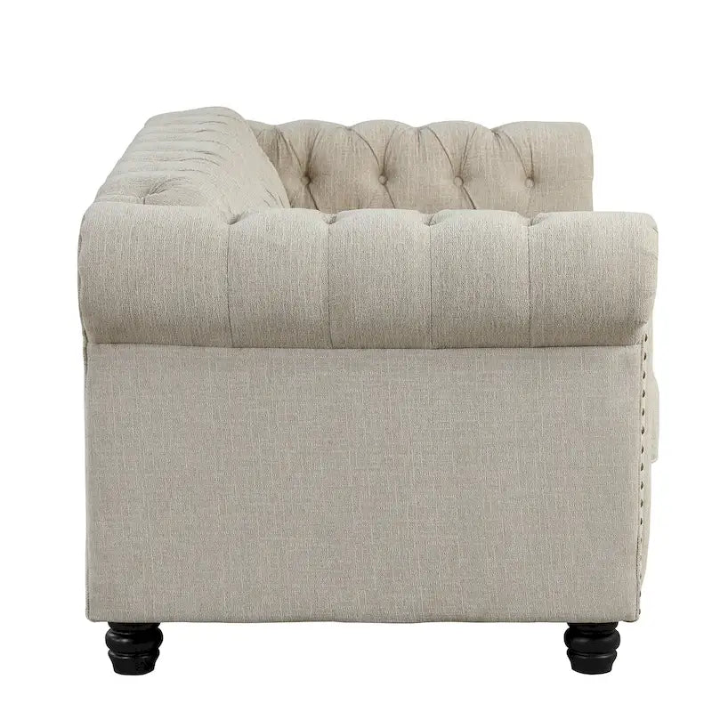 Causeuse Chesterfield en lin — Avec capitonnage, clous décoratifs et pieds en bois massif ; Convient pour le salon