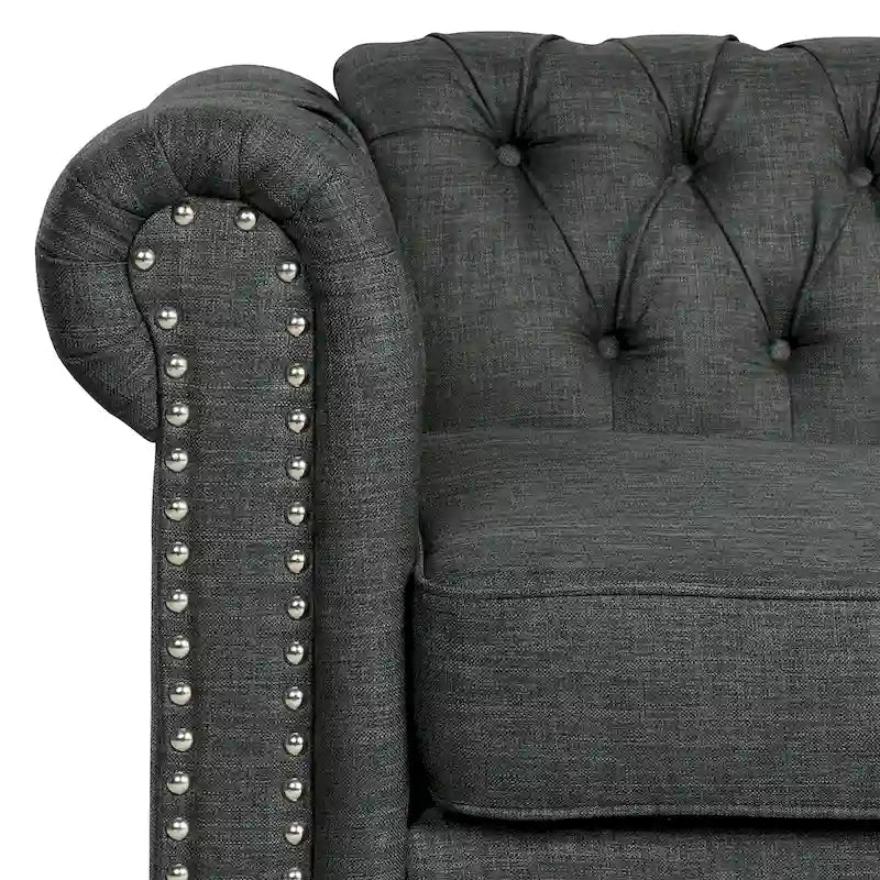 Causeuse Chesterfield en lin — Avec capitonnage, clous décoratifs et pieds en bois massif ; Convient pour le salon