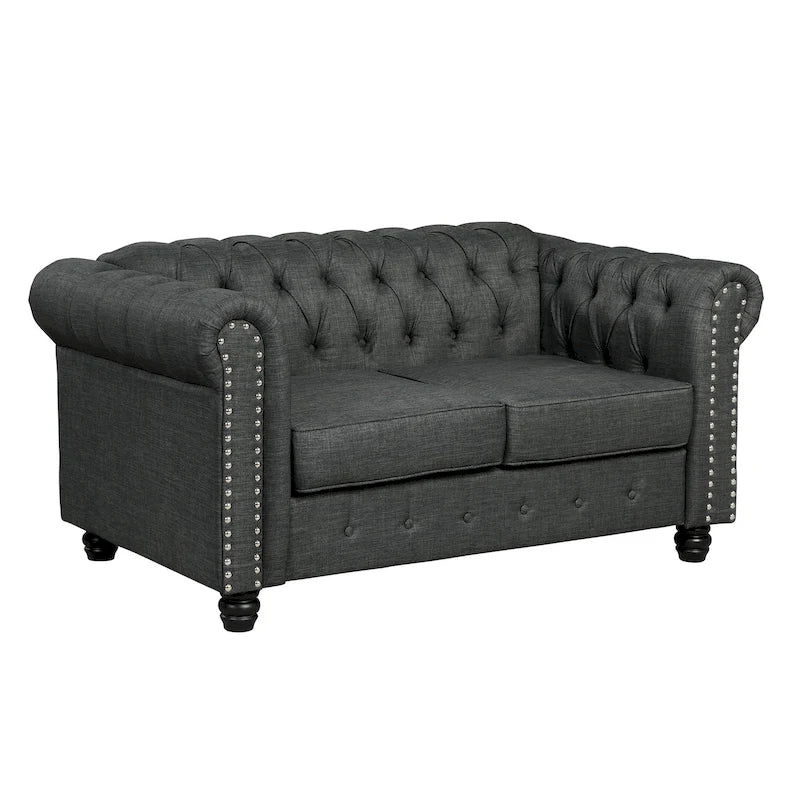 Causeuse Chesterfield en lin — Avec capitonnage, clous décoratifs et pieds en bois massif ; Convient pour le salon