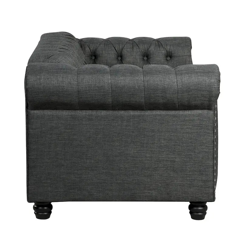 Causeuse Chesterfield en lin — Avec capitonnage, clous décoratifs et pieds en bois massif ; Convient pour le salon