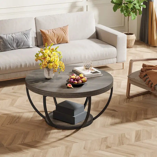 Table basse ronde de 31,7 pouces, table d'appoint rustique à 2 niveaux avec étagères de rangement ouvertes