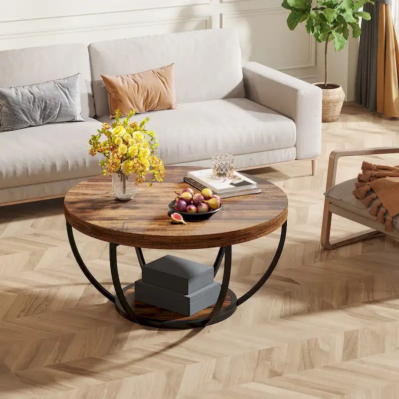 Table basse ronde de 31,7 pouces, table d'appoint rustique à 2 niveaux avec étagères de rangement ouvertes