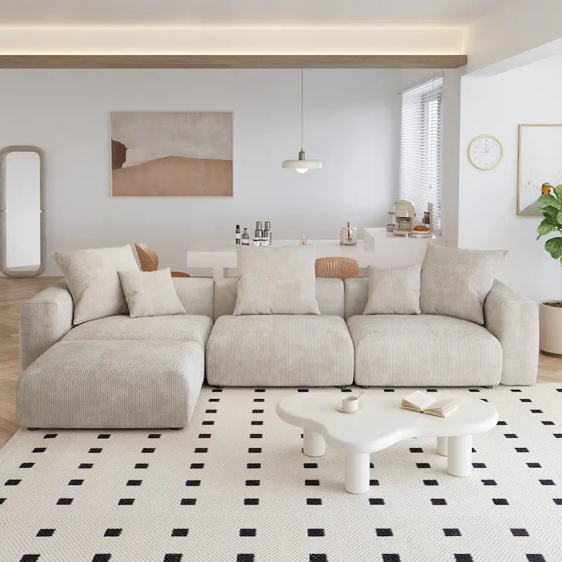 Canapé d'angle moderne en forme de L avec 5 oreillers et une méridienne, housses de coussin amovibles