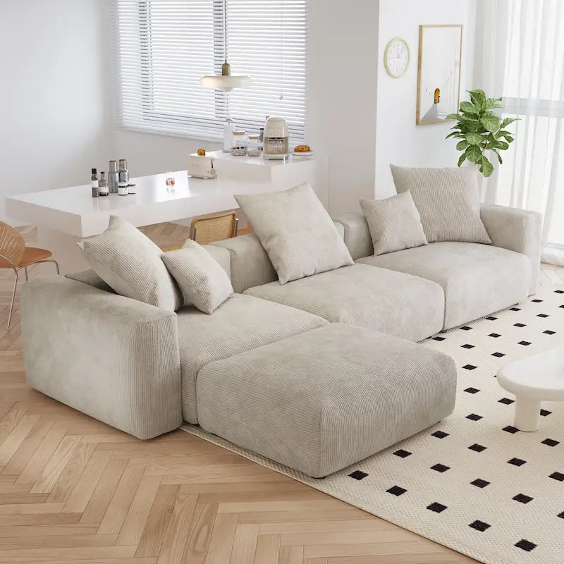 Canapé d'angle moderne en forme de L avec 5 oreillers et une méridienne, housses de coussin amovibles