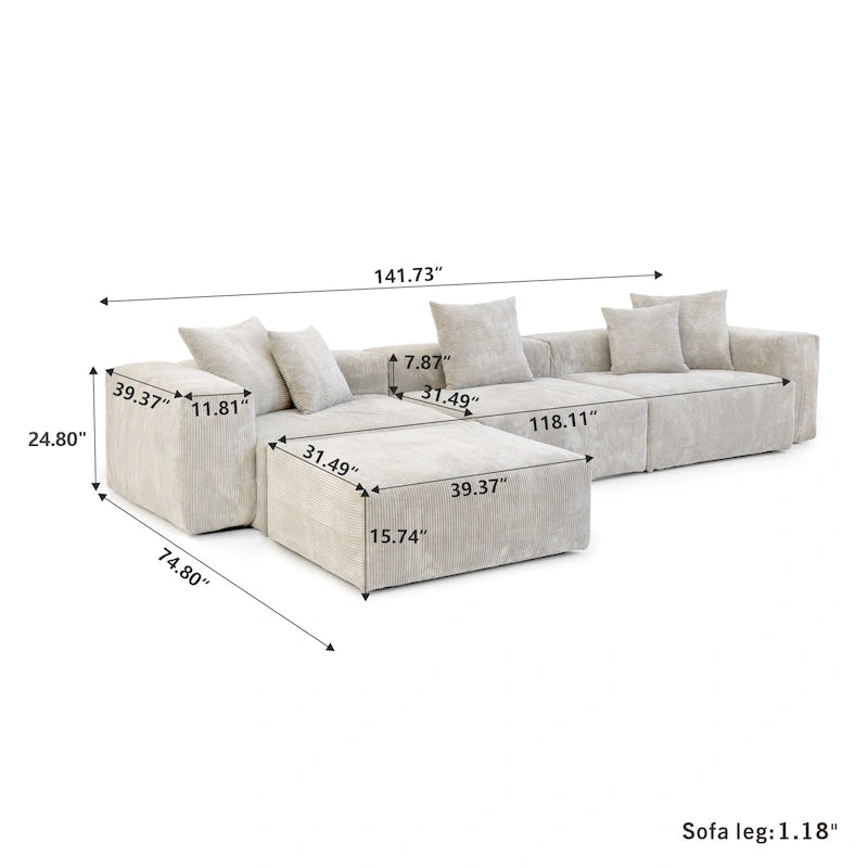 Canapé d'angle moderne en forme de L avec 5 oreillers et une méridienne, housses de coussin amovibles