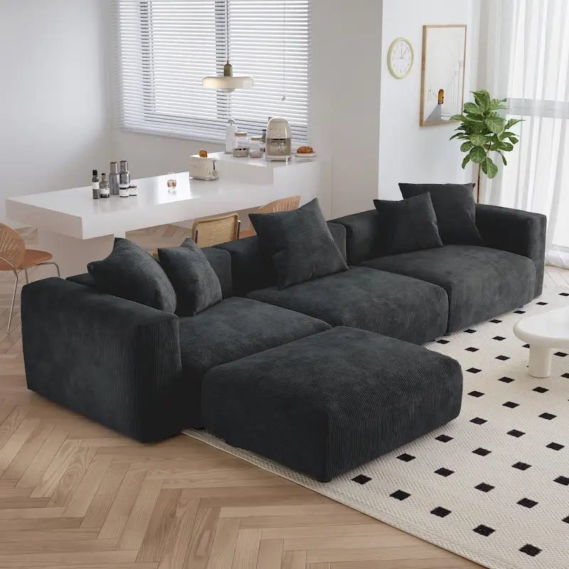 Canapé d'angle moderne en forme de L avec 5 oreillers et une méridienne, housses de coussin amovibles