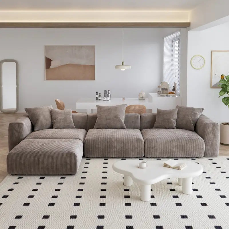 Canapé d'angle moderne en forme de L avec 5 oreillers et une méridienne, housses de coussin amovibles