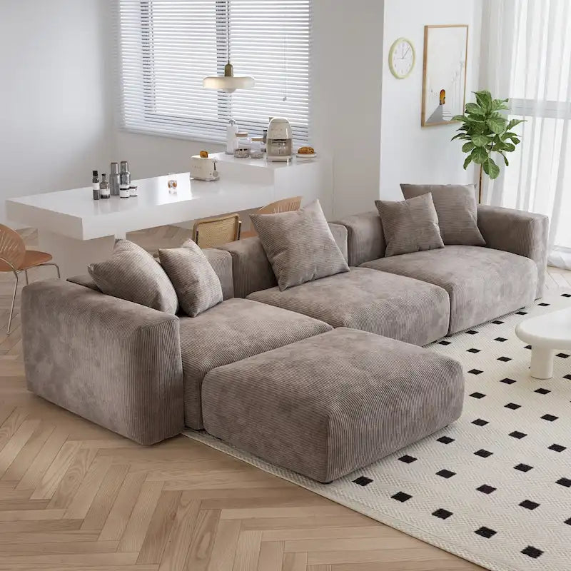 Canapé d'angle moderne en forme de L avec 5 oreillers et une méridienne, housses de coussin amovibles