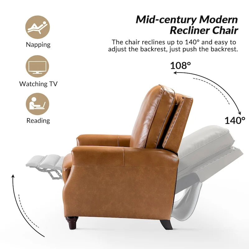 Série de fauteuils inclinables en cuir véritable de style moderne du milieu du siècle (avec garniture cloutée)