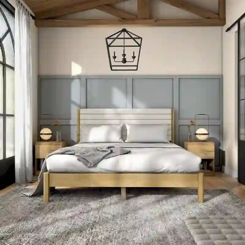 Lit plateforme double matelassé capitonné rayé de style moderne avec base à lattes en bois massif