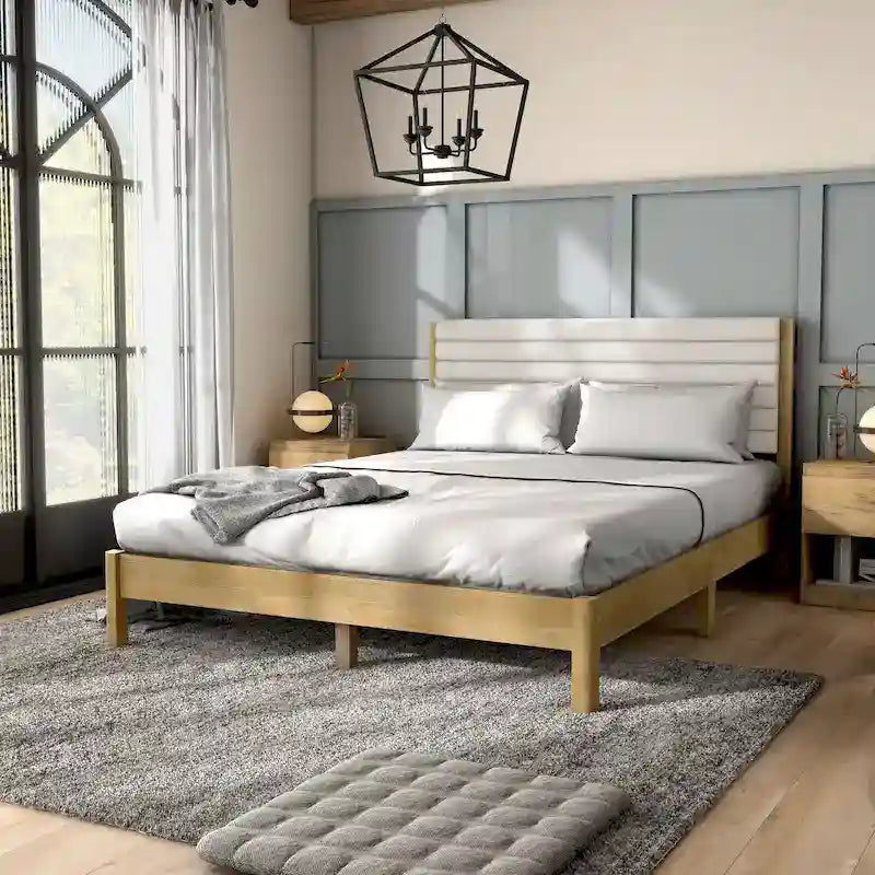 Lit plateforme double matelassé capitonné rayé de style moderne avec base à lattes en bois massif