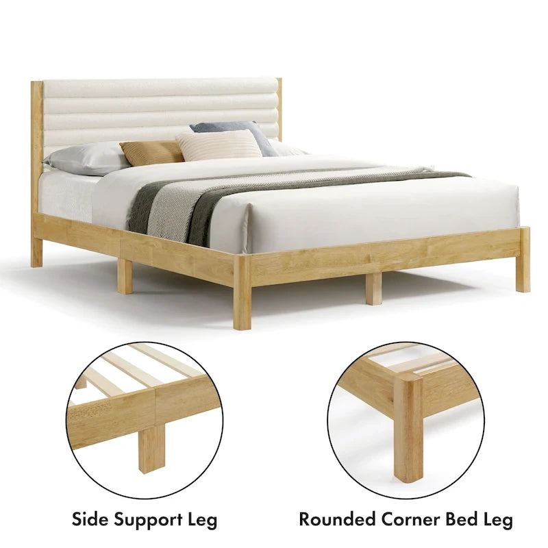 Lit plateforme double matelassé capitonné rayé de style moderne avec base à lattes en bois massif