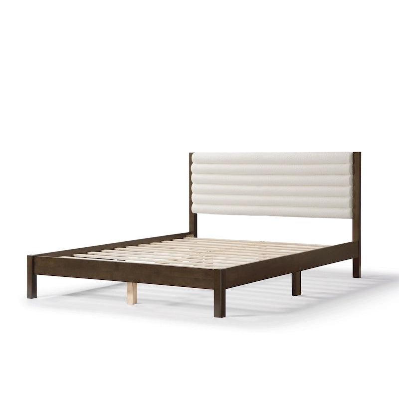 Lit plateforme double matelassé capitonné rayé de style moderne avec base à lattes en bois massif