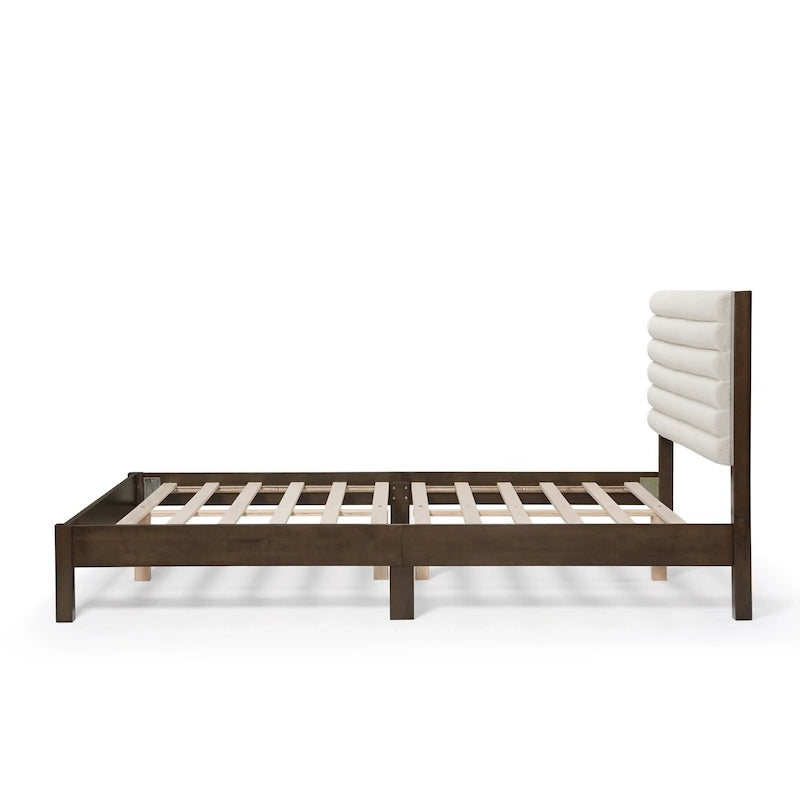 Lit plateforme double matelassé capitonné rayé de style moderne avec base à lattes en bois massif