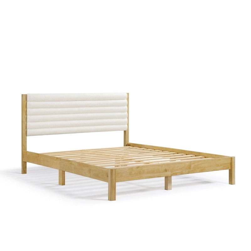 Lit plateforme double matelassé capitonné rayé de style moderne avec base à lattes en bois massif
