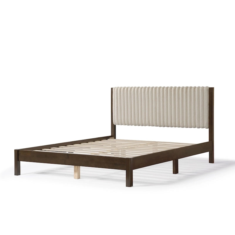 Lit plateforme double matelassé capitonné rayé de style moderne avec base à lattes en bois massif