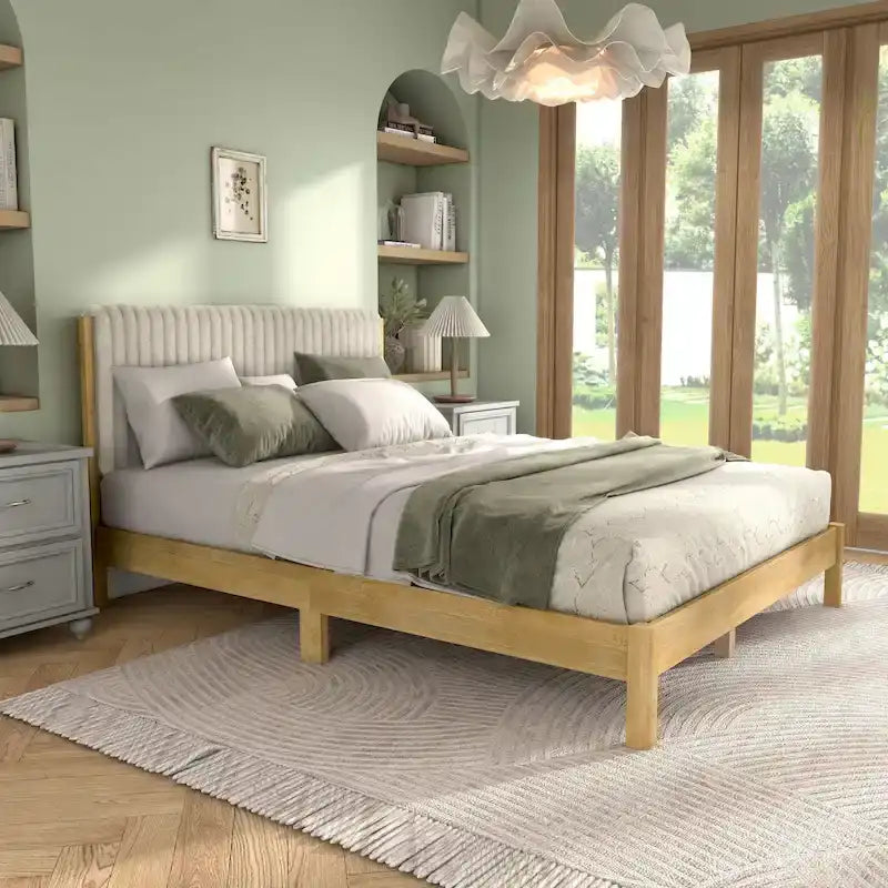 Lit plateforme double matelassé capitonné rayé de style moderne avec base à lattes en bois massif