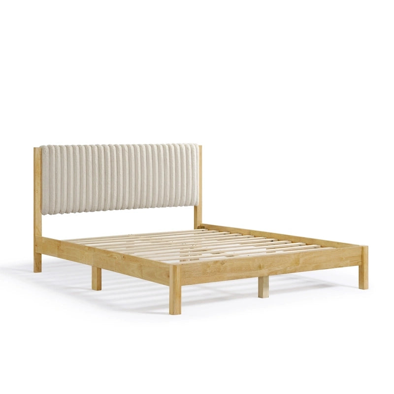 Lit plateforme double matelassé capitonné rayé de style moderne avec base à lattes en bois massif